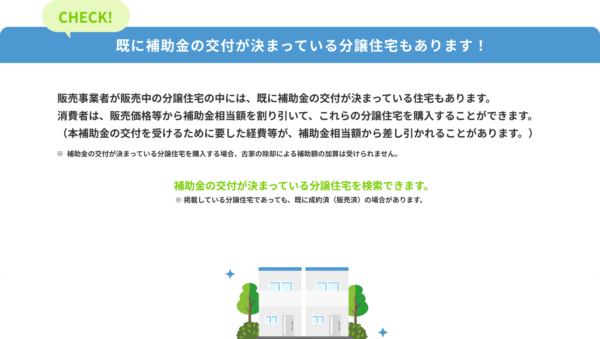 CHECK! 既に補助金の交付が決まっている分譲住宅もあります！販売事業者が販売中の分譲住宅の中には、既に補助金の交付が決まっている住宅もあります。消費者は、販売価格等から補助金相当額を割り引いて、これらの分譲住宅を購入することができます。​（本補助金の交付を受けるために要した経費等が、補助金相当額から差し引かれることがあります。）※ 補助金の交付が決まっている分譲住宅を購入する場合、古家の除却による補助額の加算は受けられません。補助金の交付が決まっている分譲住宅を検索できます。※掲載している分譲住宅であっても、既に成約済（販売済）の場合があります。​​​